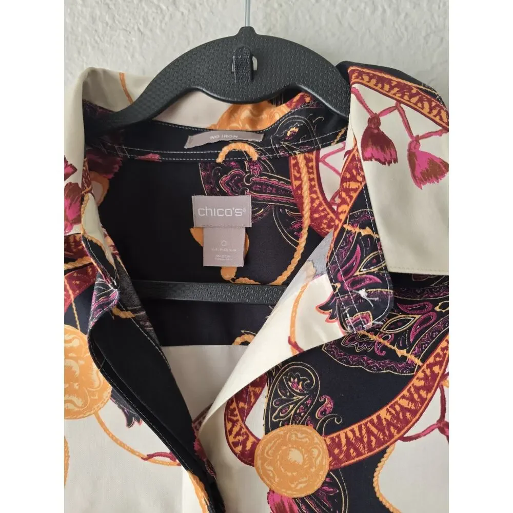 Chico's no iron button-up blouse geometric print 100% Cotton US 4/6 - Picture 5 of 7